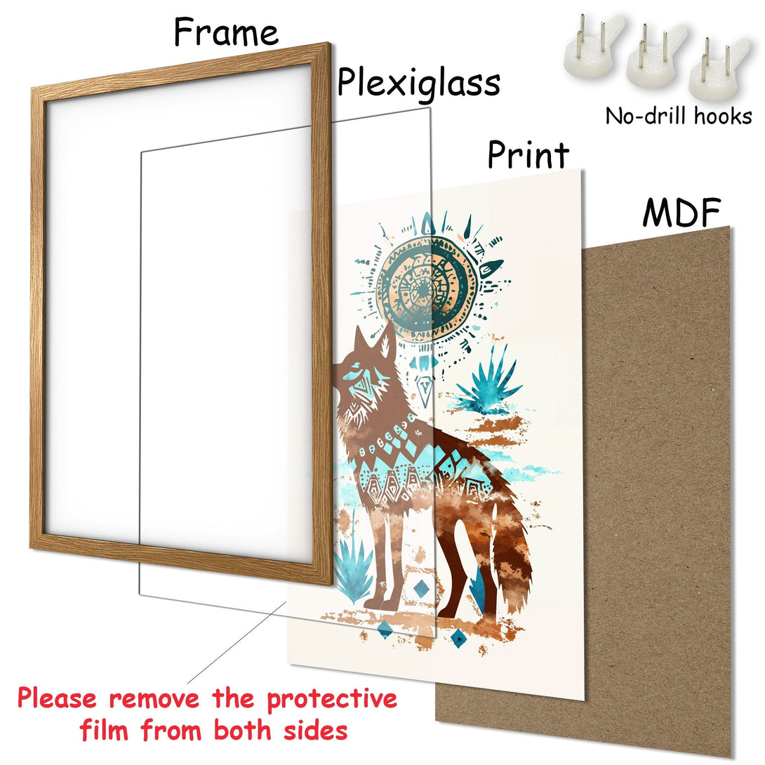 Framed Poster featuring a watercolor wolf in brown and teal tones. Perfect wall art for a stylish home!