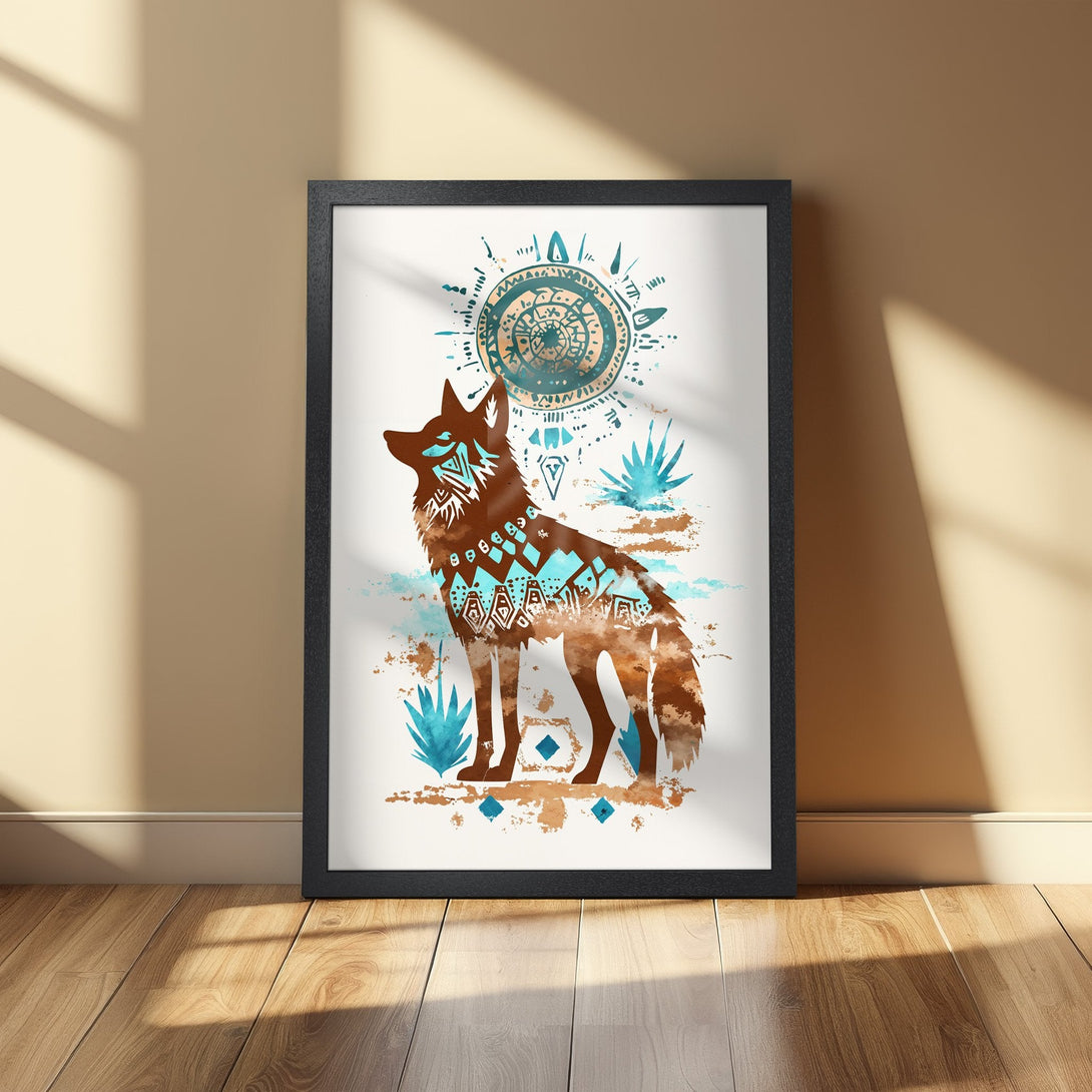 Framed Poster featuring a stylized wolf in brown and teal, perfect for adding a touch of nature and art to your home decor.