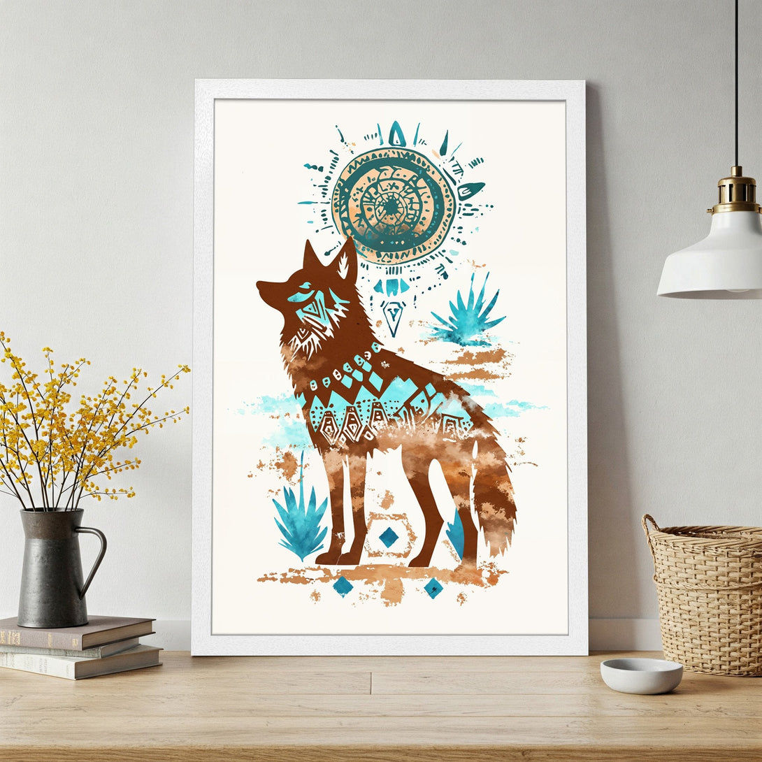 Framed Poster featuring a watercolor wolf in tribal style, with brown, turquoise, and gold colors. Perfect wall art!