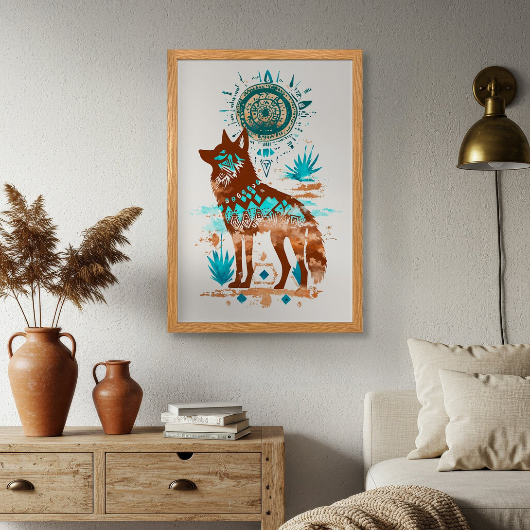 Framed Poster featuring a tribal wolf design in brown, teal, and white. Perfect wall art for a boho aesthetic.