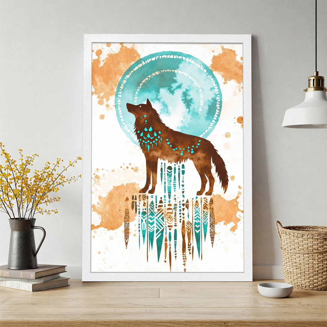 Framed Poster featuring a watercolor wolf design with turquoise and orange accents. Perfect wall art for a modern, bohemian aesthetic.