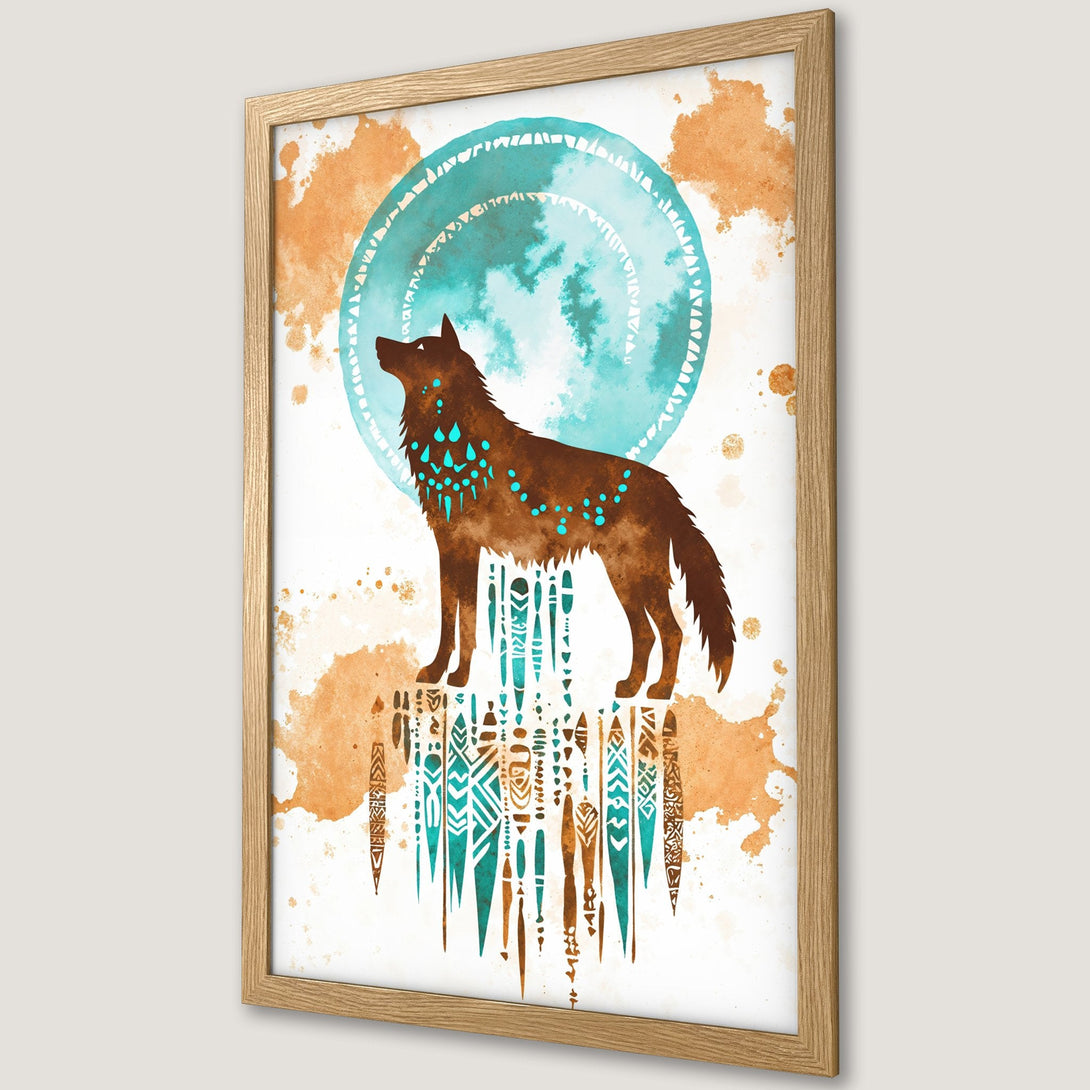 Framed Poster featuring a watercolor wolf silhouette with turquoise accents, set against a teal moon and earthy tones. Perfect wall art!