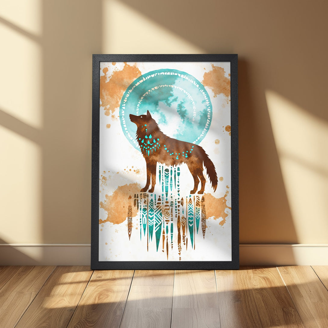 Framed Poster featuring a watercolor wolf with turquoise and brown accents. Perfect wall art for a boho or nature-inspired aesthetic.