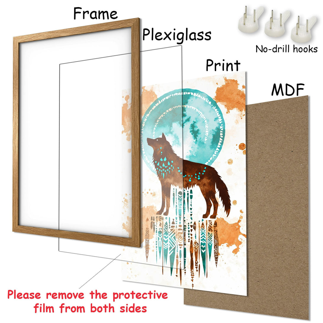 Framed Poster featuring a wolf in watercolor style, teal & brown color palette. Perfect wall art for your home decor.