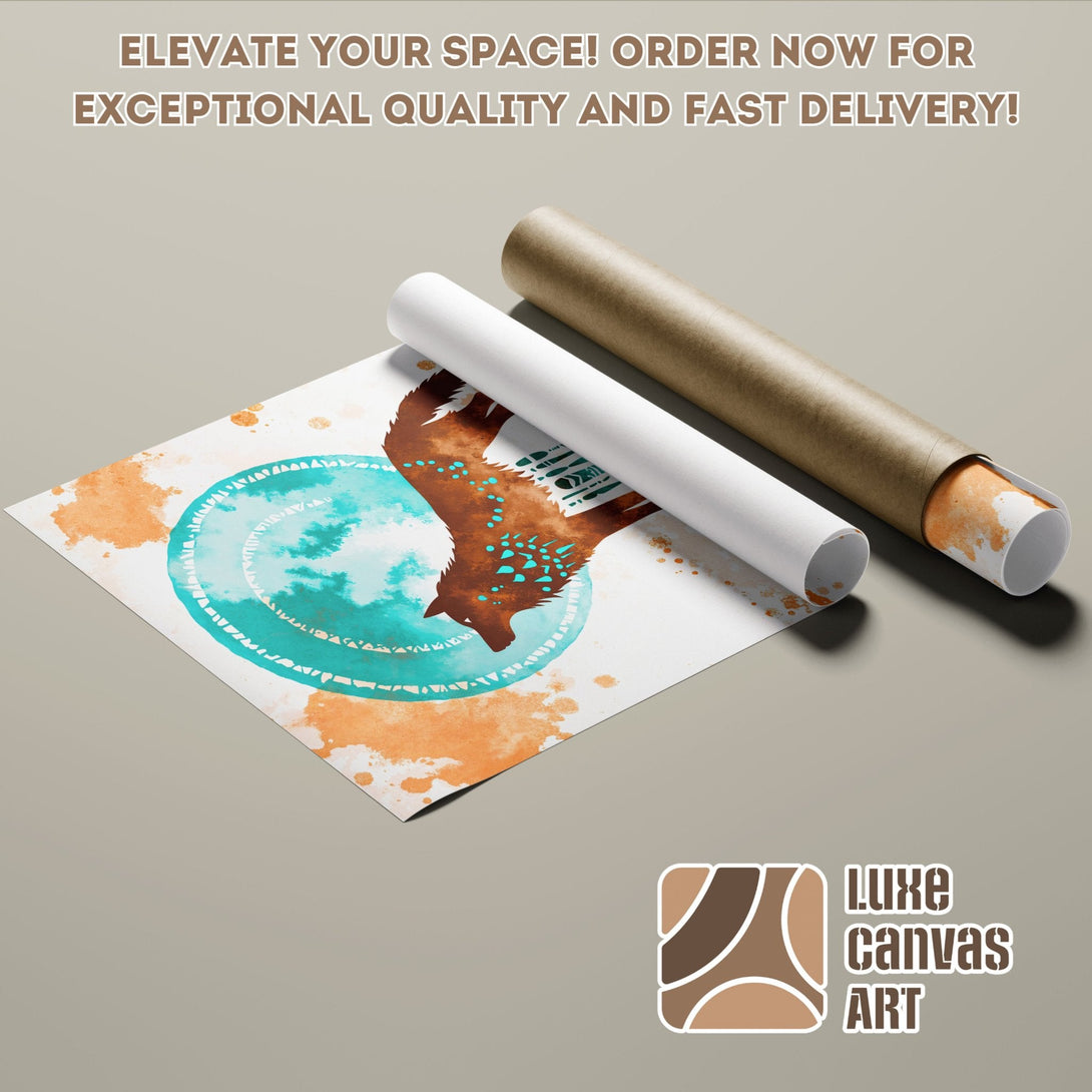 Poster Roll featuring watercolor art in teal, brown, and orange. Elevate your space with this unique wall art!