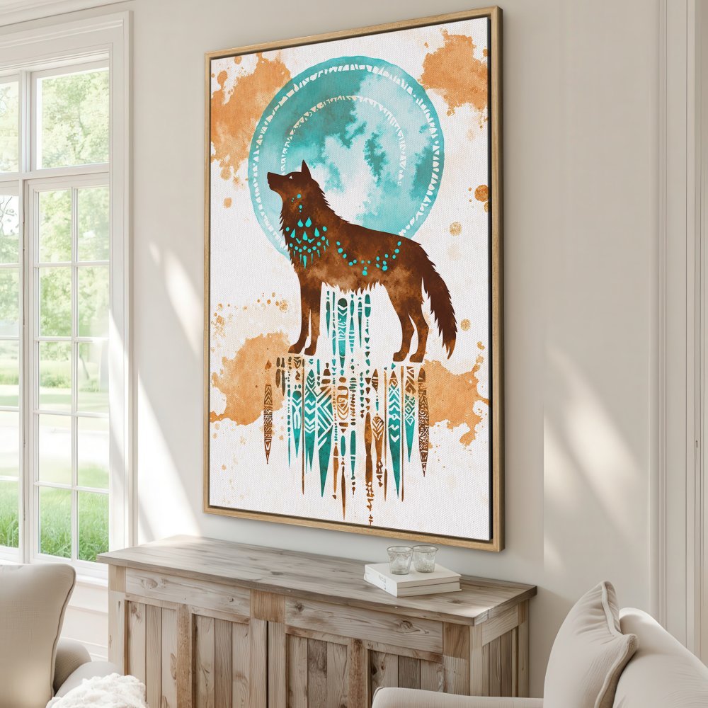 Framed Wall Art: Watercolor wolf print with teal and brown accents. Perfect for adding a touch of nature and style to your home decor.
