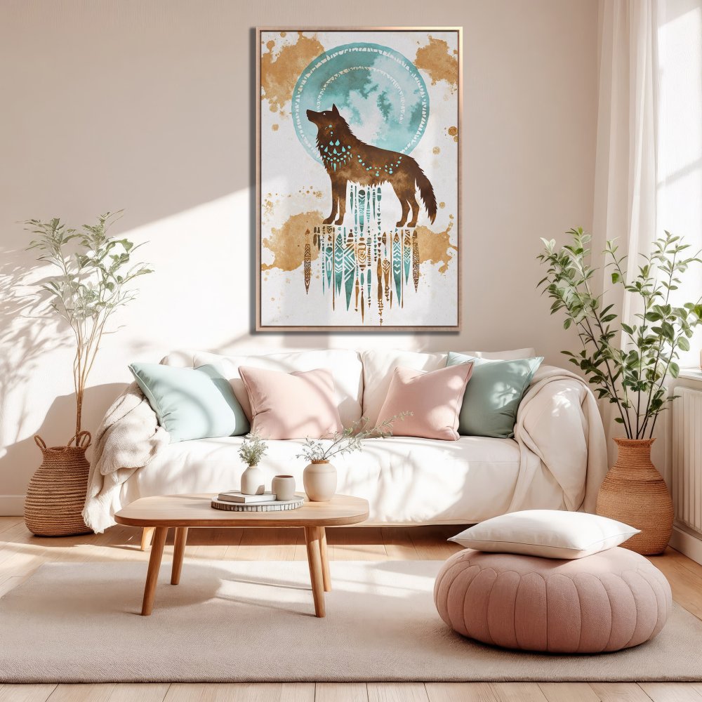 Framed Wall Art: Watercolor wolf print in a boho style, featuring teal, brown & gold hues. Perfect for living room decor!