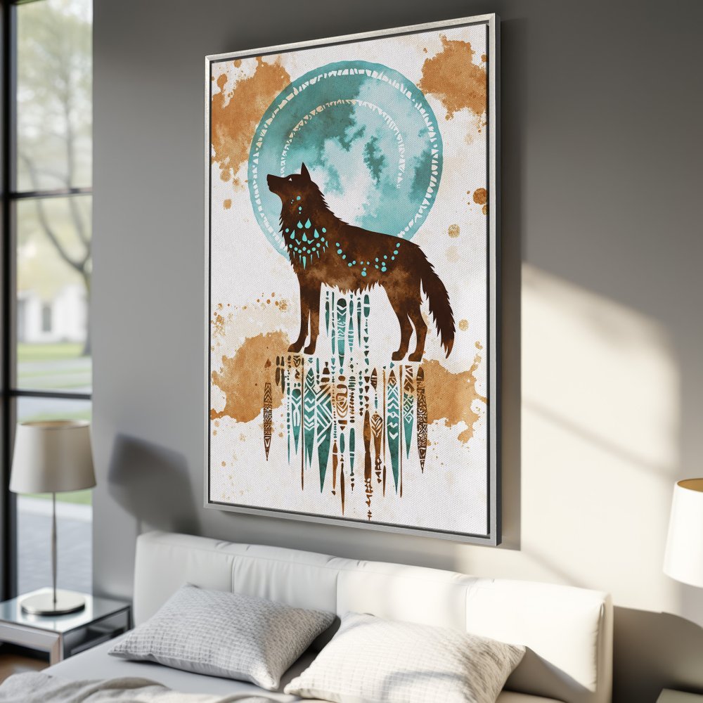 Framed Wall Art: Watercolor wolf howling at the moon. Earthy tones with teal accents. Perfect for boho decor.