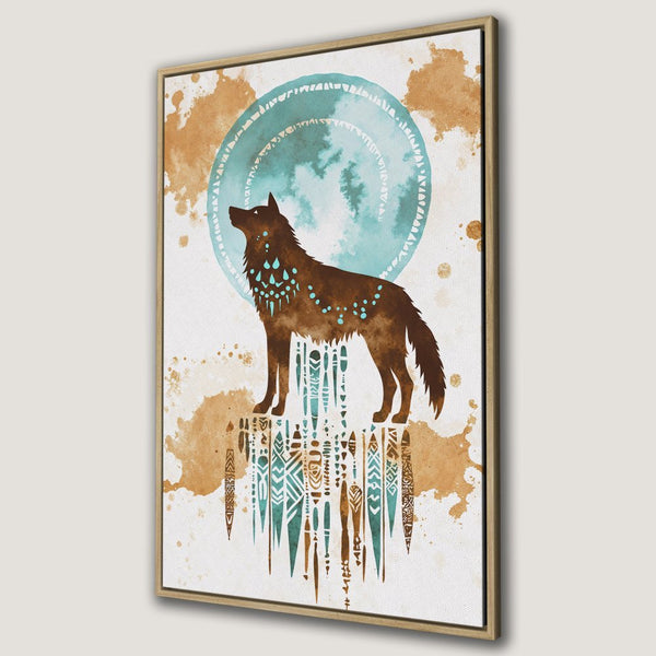 Framed Wall Art: Watercolor wolf print in boho style. Earthy tones with teal accents. Perfect for rustic decor.