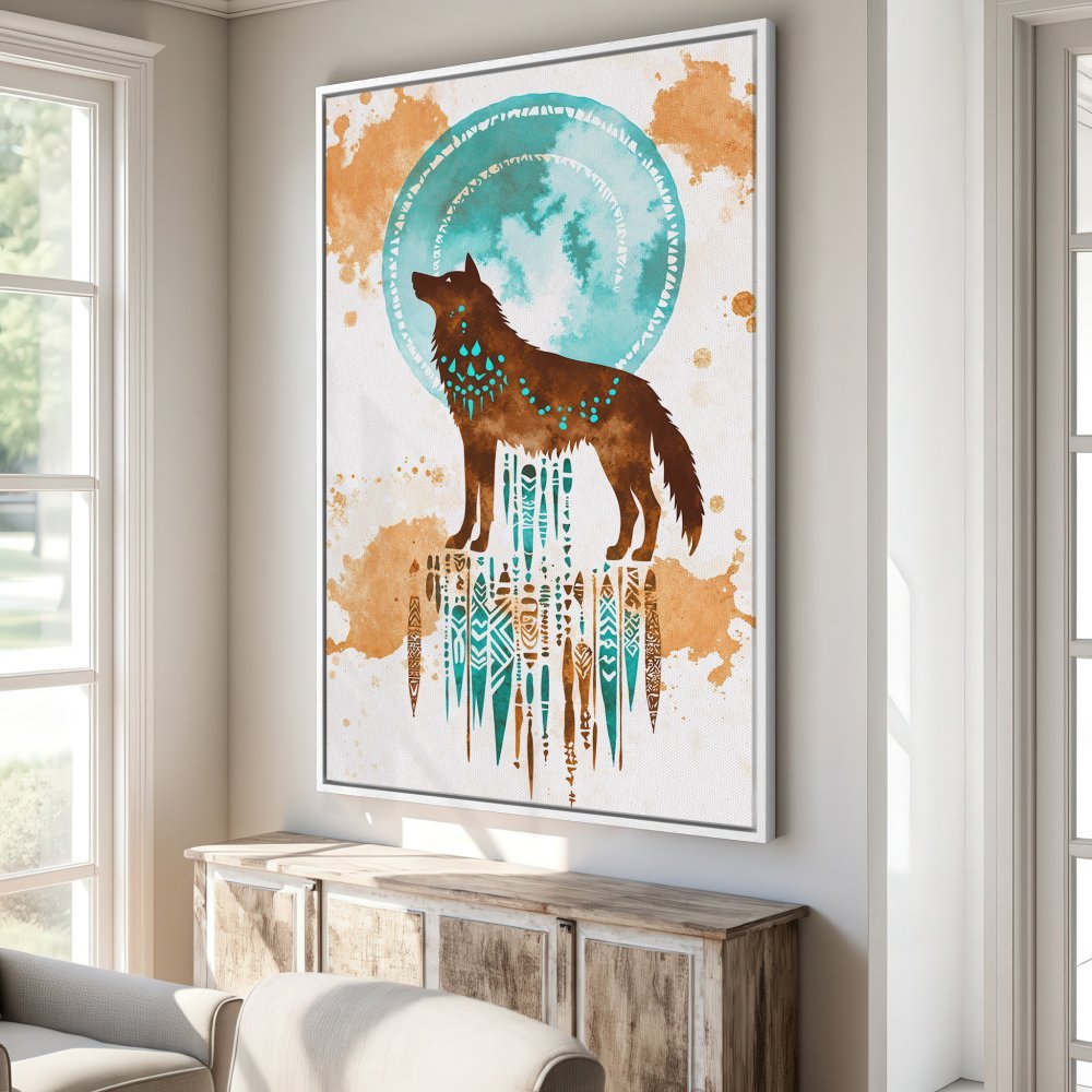 Framed Wall Art: Watercolor wolf print in teal and brown. Boho style canvas print adds a touch of nature and artistry to any room.