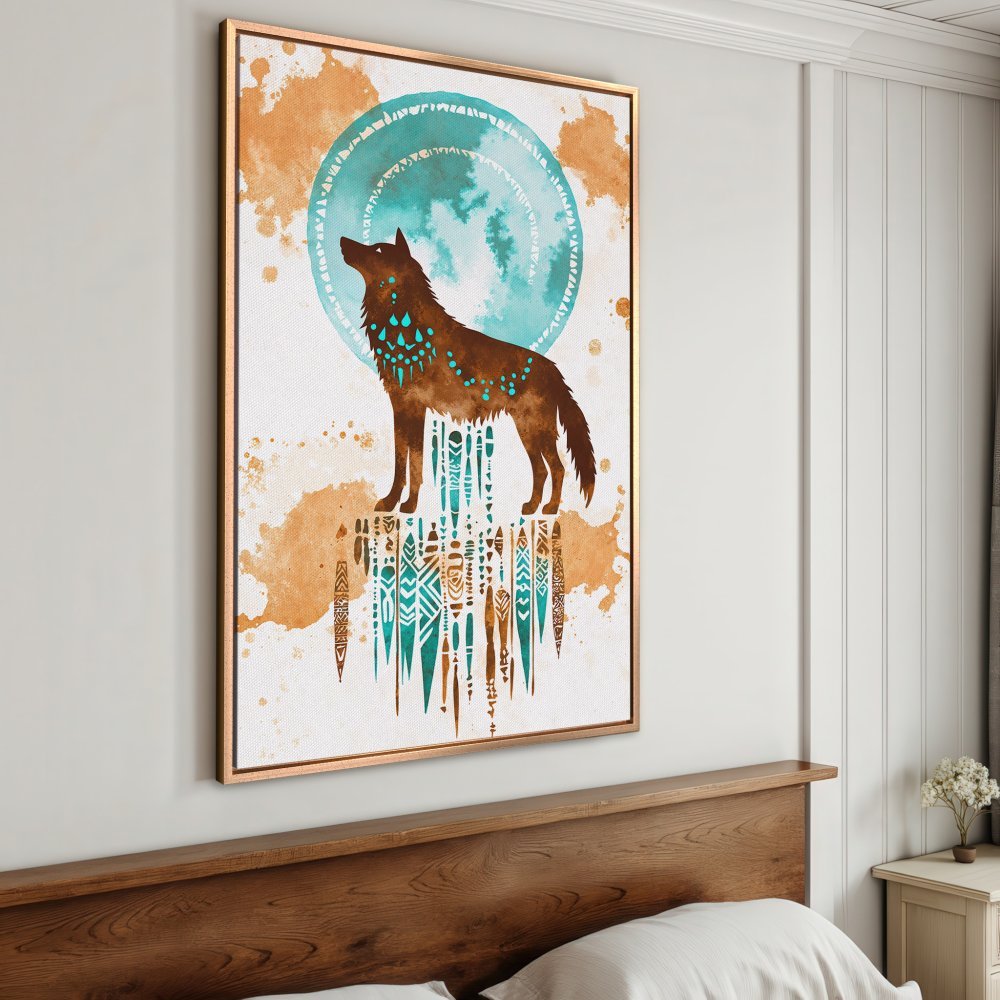 Framed Wall Art: Watercolor wolf print in turquoise and brown. Boho style canvas print for a unique home decor statement.