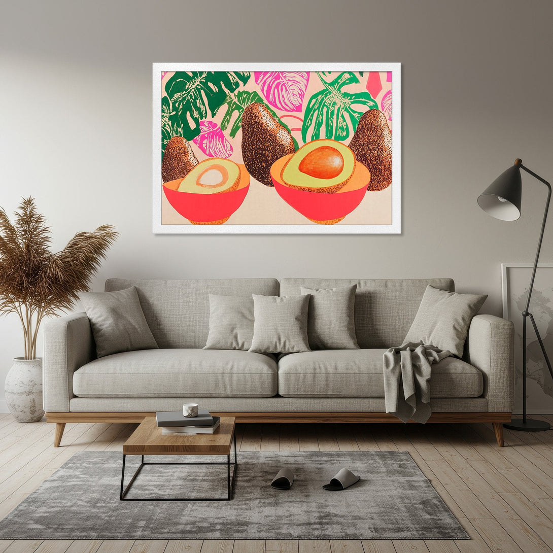 Framed Poster featuring vibrant avocado art in a pop art style with a pink, green, and orange color palette. Perfect wall decor!