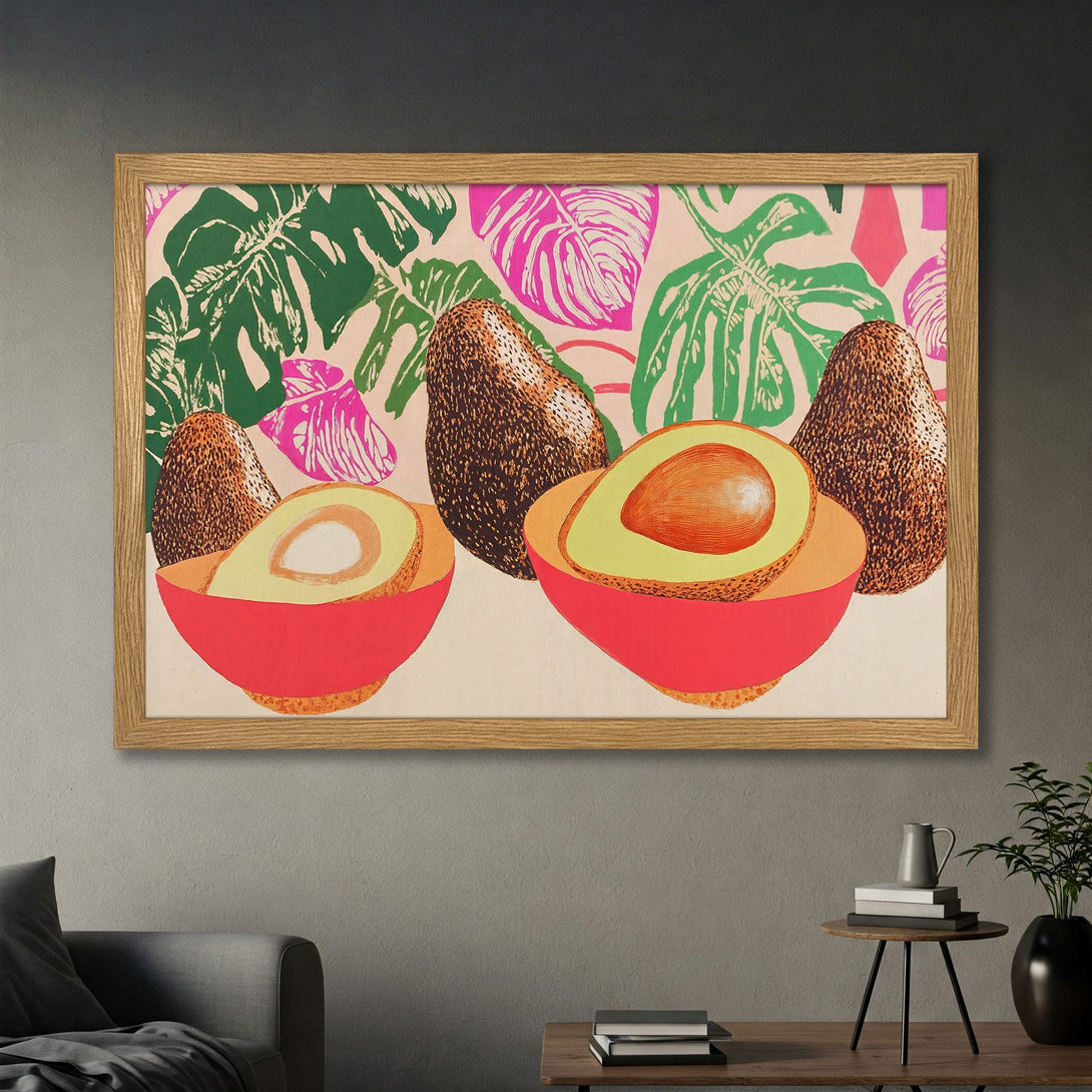 Framed Poster featuring vibrant avocado art in a pop art style with a pink, green, and orange color palette. Perfect wall decor!