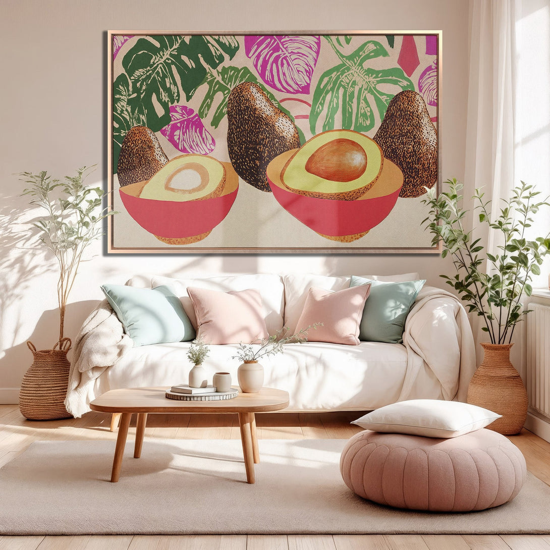 Framed Wall Art featuring avocado illustration in a modern style. Green, pink, and brown color palette. Perfect for adding a pop of color to your space!