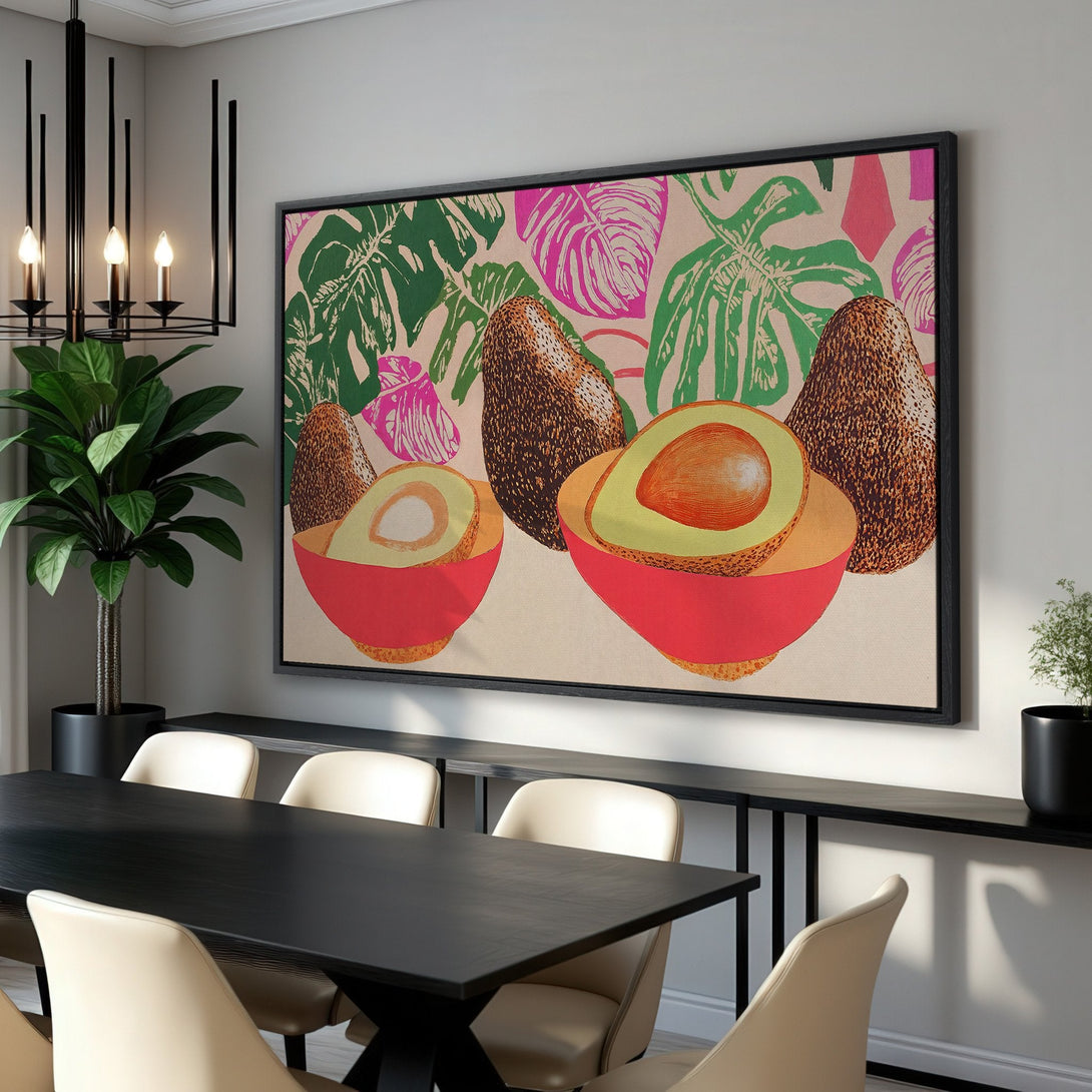 Framed Wall Art featuring avocados in a vibrant, pop art style with a pink, green, and brown color palette. Perfect for kitchen or dining room decor.