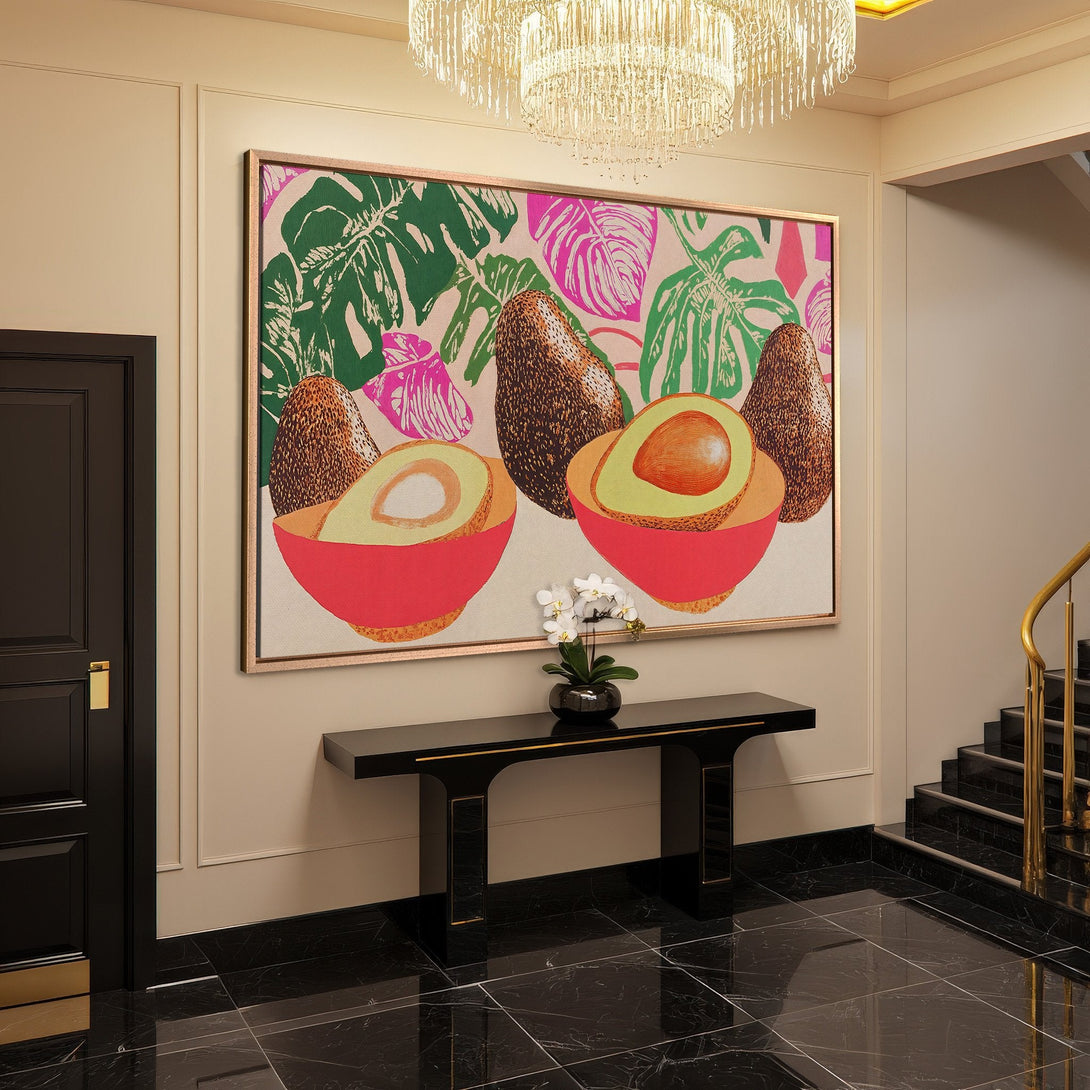 Framed Wall Art featuring vibrant avocado illustration in a modern style. Green, pink, and brown color palette adds a touch of art to any space.