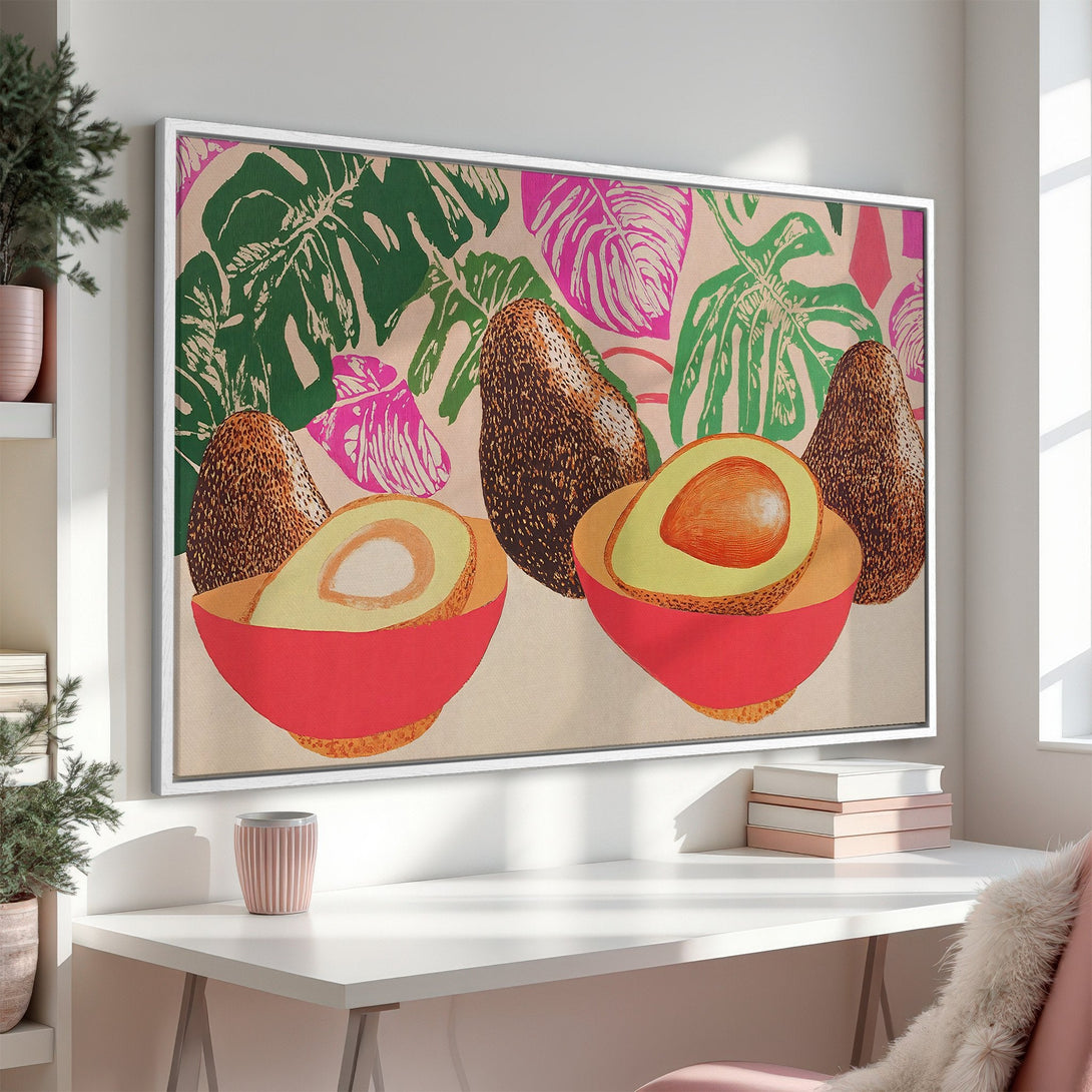 Canvas Print featuring avocado art with a modern, botanical style. Earthy tones with pops of pink and green. Perfect wall decor!