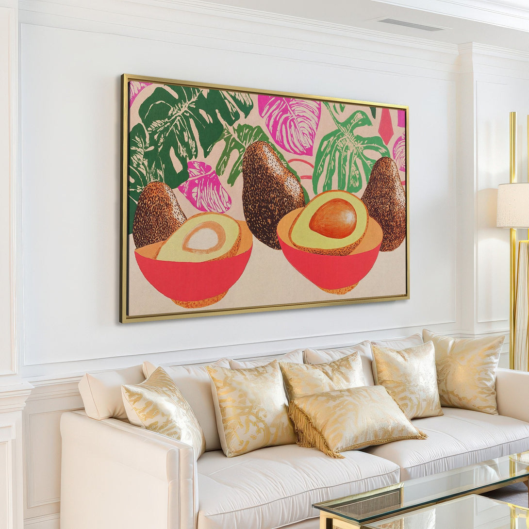 Canvas Print of avocados and tropical leaves in a modern, colorful style. Perfect wall art for kitchen or dining room decor.