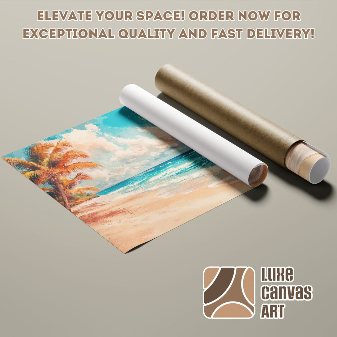 Beach scene Poster Roll art, warm colors, palm tree, ready to elevate your space! Order now!