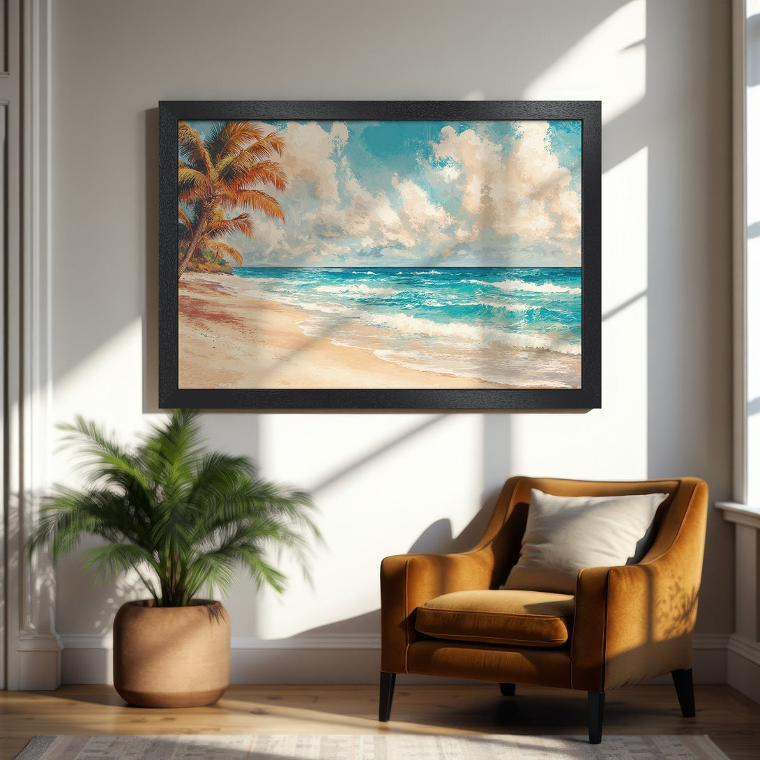 Framed Poster of a beach scene in a painterly style with a blue, beige, and orange color palette. Perfect wall art!