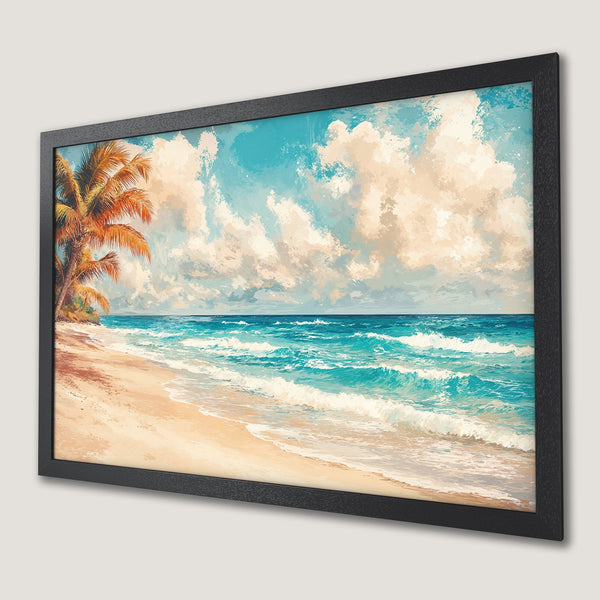 Framed Poster of a serene beach scene. Coastal artwork in blue, beige, and orange tones. Perfect wall decor.