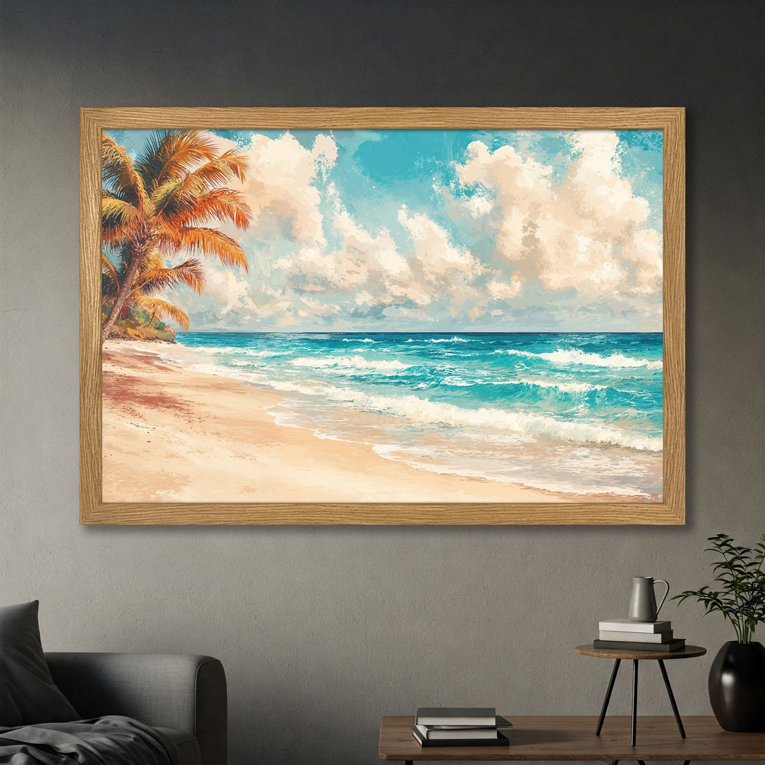 Framed Poster of a tropical beach scene in a painterly style, featuring turquoise water, sandy beach, & palm tree. Warm color palette.