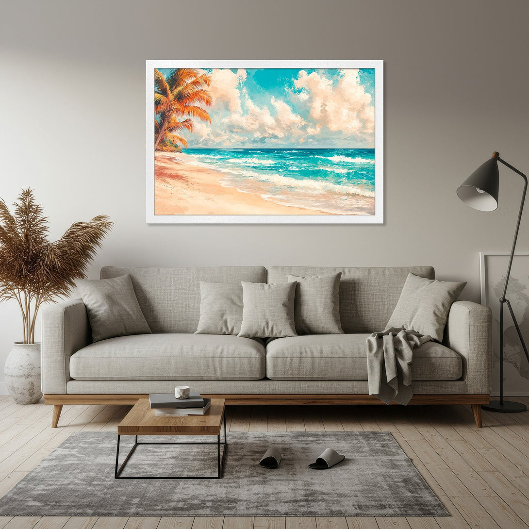Framed Poster of a tropical beach scene with palm trees, blue ocean, and white clouds. Warm color palette, perfect for coastal decor.