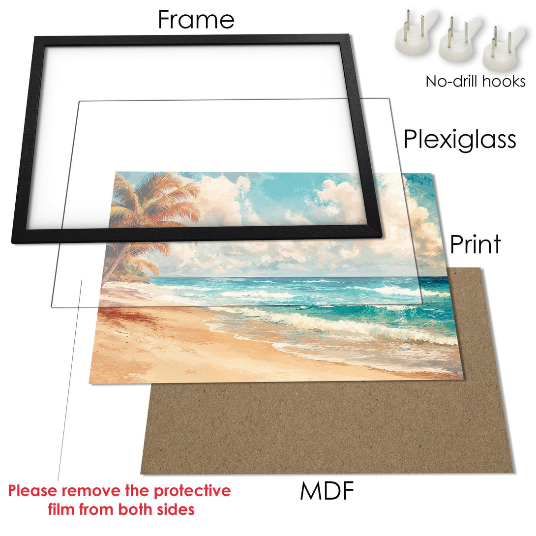 Framed Poster of a beach scene in a coastal style with blue, beige, and brown tones. Perfect wall art for your home!