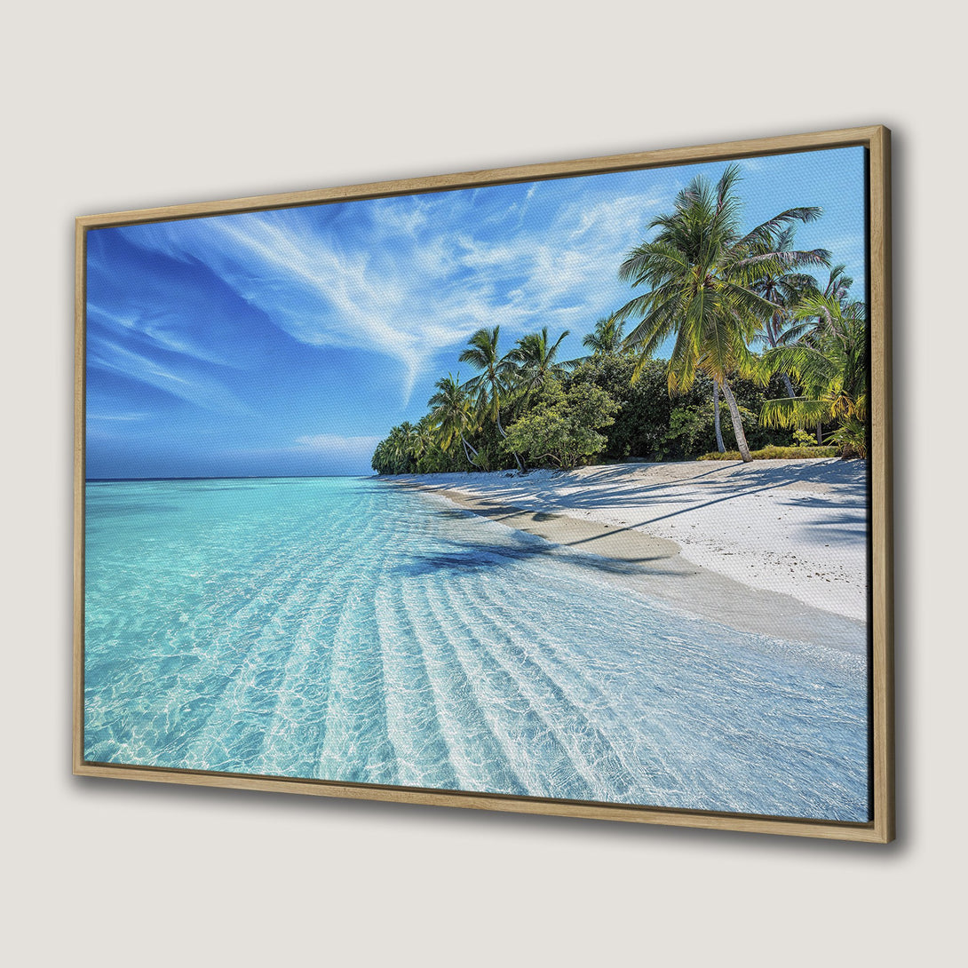Framed Wall Art Canvas Print of tropical beach scene with turquoise water and palm trees. Coastal decor in blue, green, and white.