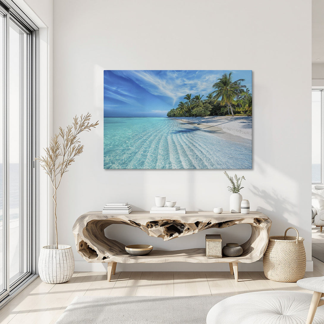 Framed Wall Art: Tropical beach scene in a gold frame. Blue, turquoise, and green color palette. Coastal decor for a serene living room.
