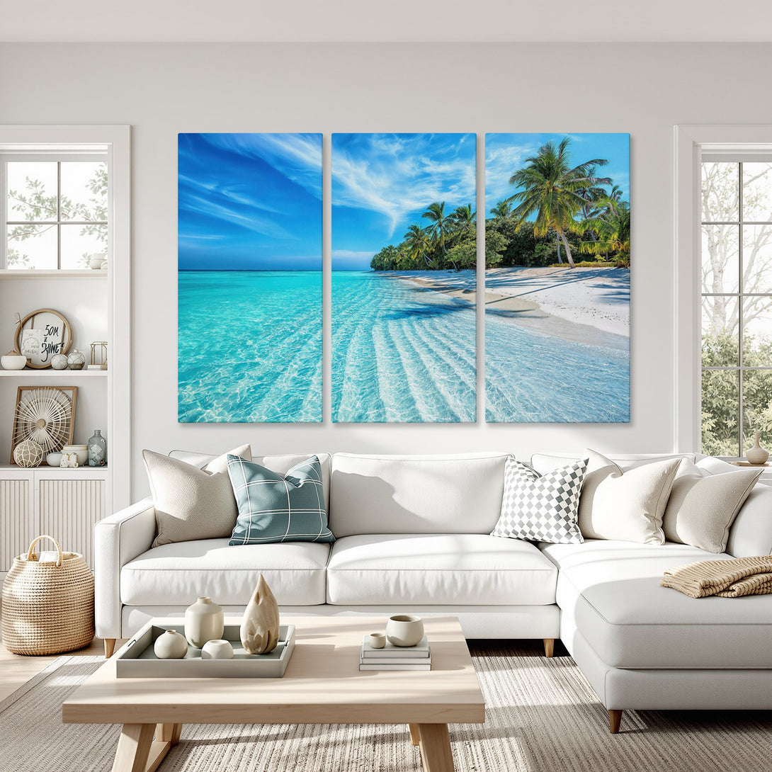 Canvas Print of a tropical beach scene with vibrant turquoise water and blue skies. Coastal decor in a modern living room, featuring a bright color palette.