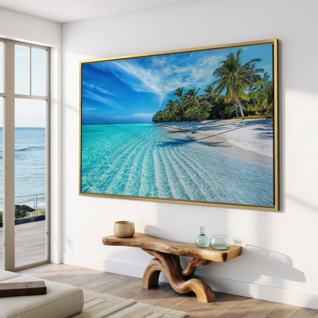 Canvas Print of a tropical beach scene with turquoise water and palm trees. Coastal style art in blue and green hues, perfect for home decor.