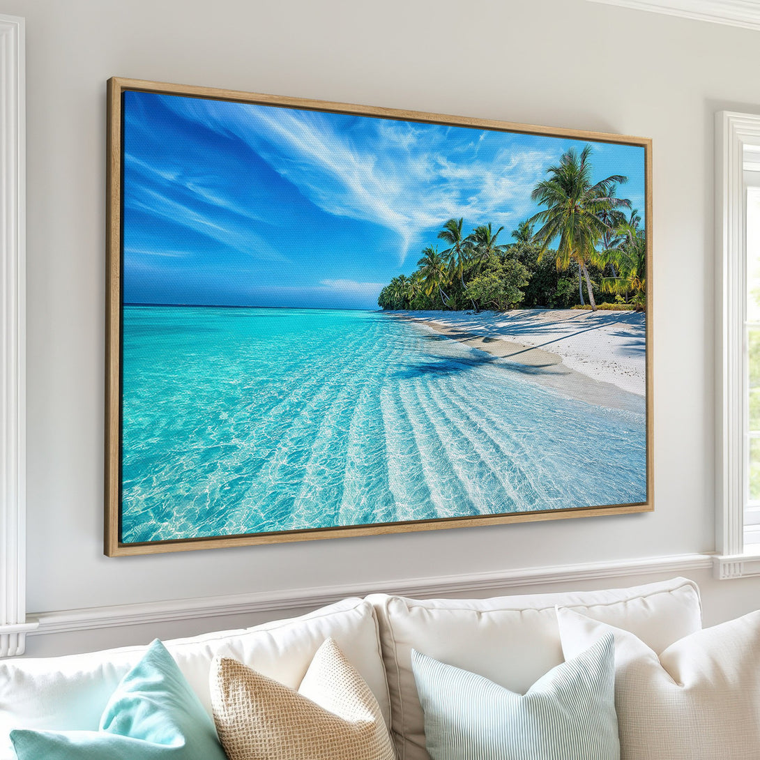 Framed Wall Art Canvas Print of tropical beach scene. Turquoise water, white sand, and palm trees. Coastal decor with a calming blue color palette.