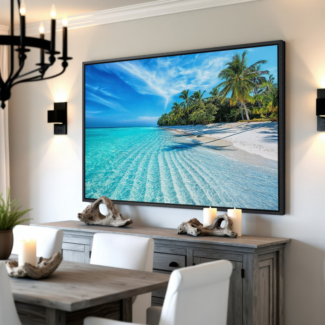 Framed Wall Art: Tropical beach scene Canvas Print. Coastal style art with vibrant blues, greens, and white. Bring paradise home!