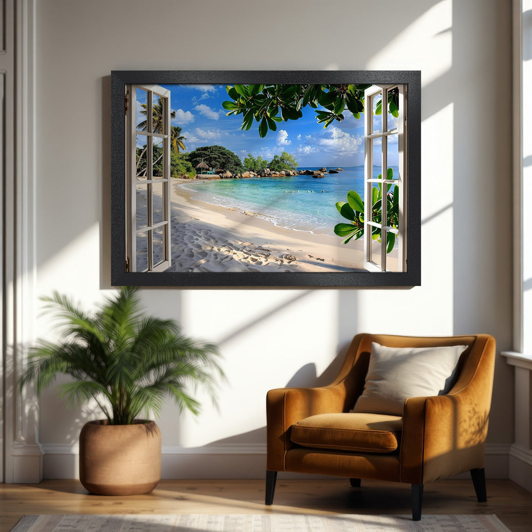 Framed Poster of a tropical beach scene. Vivid blue, green, and white color palette. Bring paradise home with this stunning wall art.