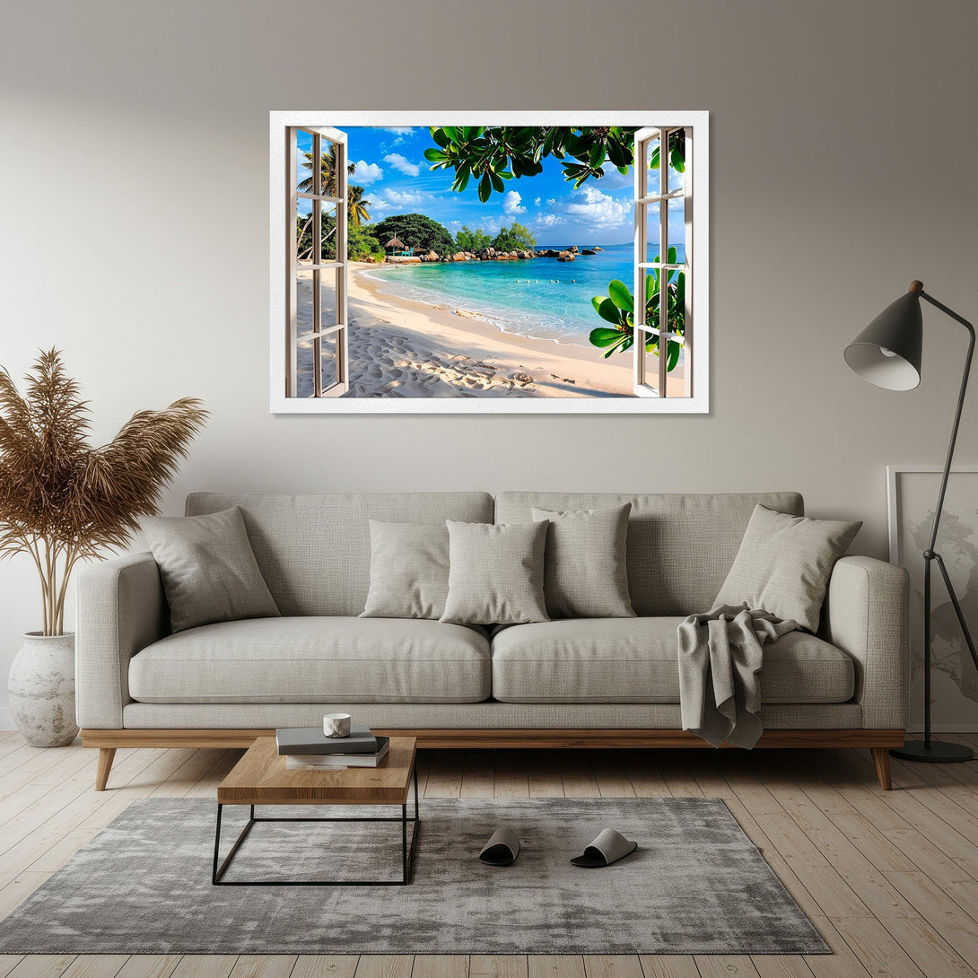 Framed Poster of a tropical beach scene, vibrant colors, inviting and serene. Perfect for home decor.