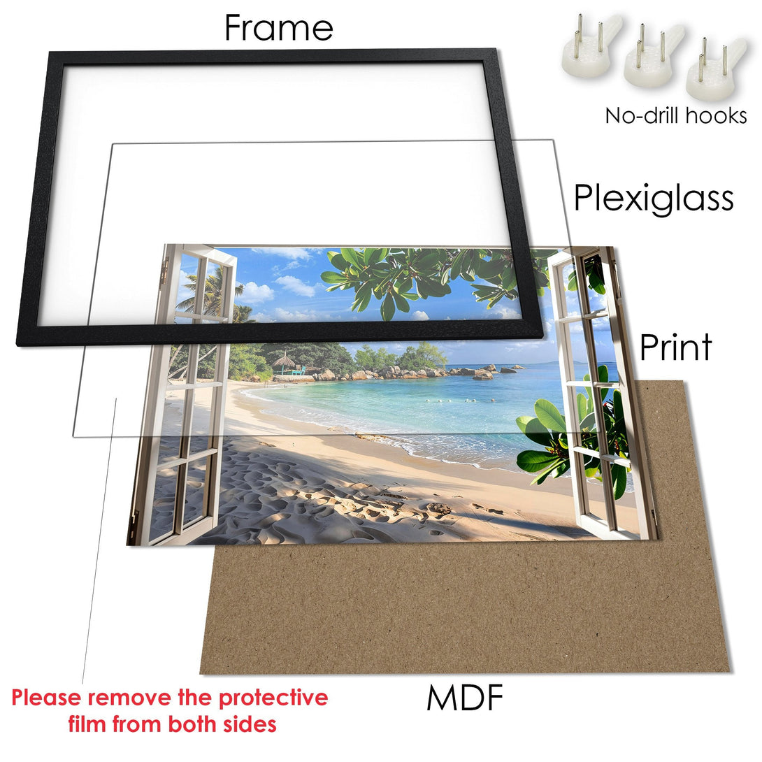 Framed Poster featuring a beach scene with a window view. Coastal style with a blue, green, and sand color palette. Perfect wall art!