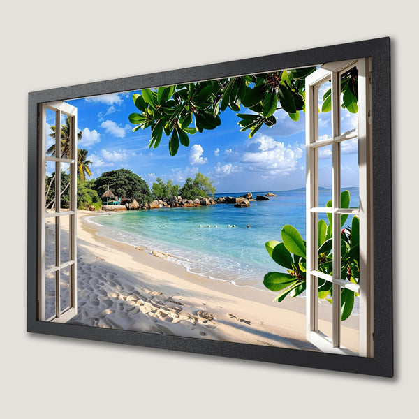 Framed Poster featuring a tropical beach scene with turquoise water, white sand, and lush green foliage. Serene, vibrant color palette.