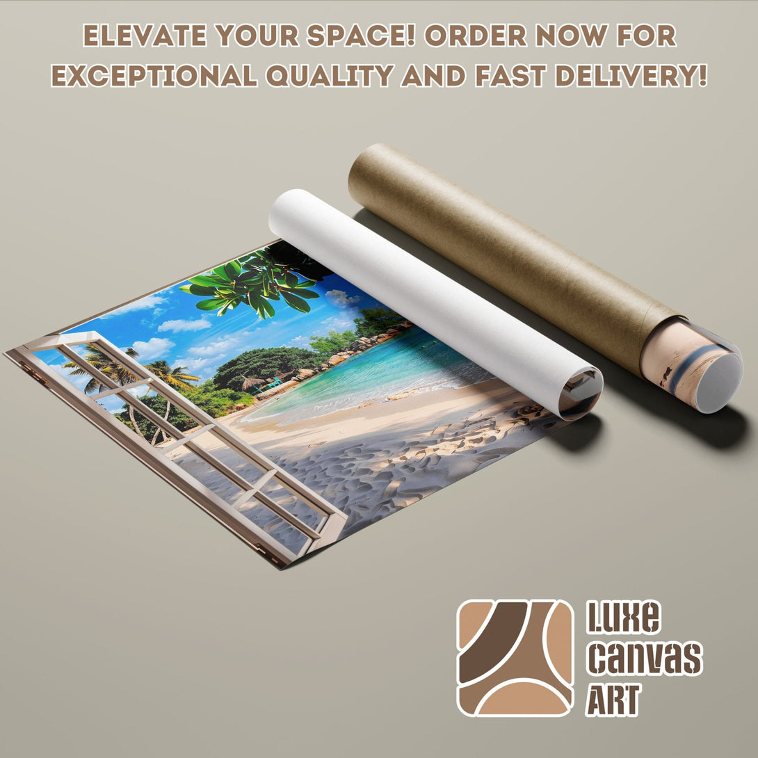 Beach scene poster roll, vibrant colors, tropical style. Transform your space with a stunning poster!