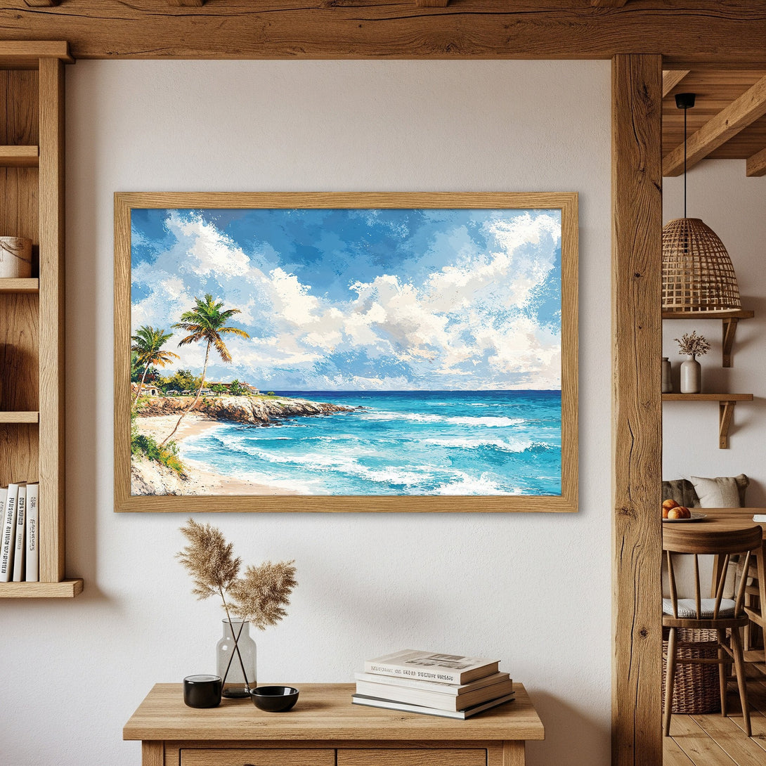 Framed Poster of a tropical beach scene, painted in a vibrant, impressionistic style. Features blue, white, and green color palette.