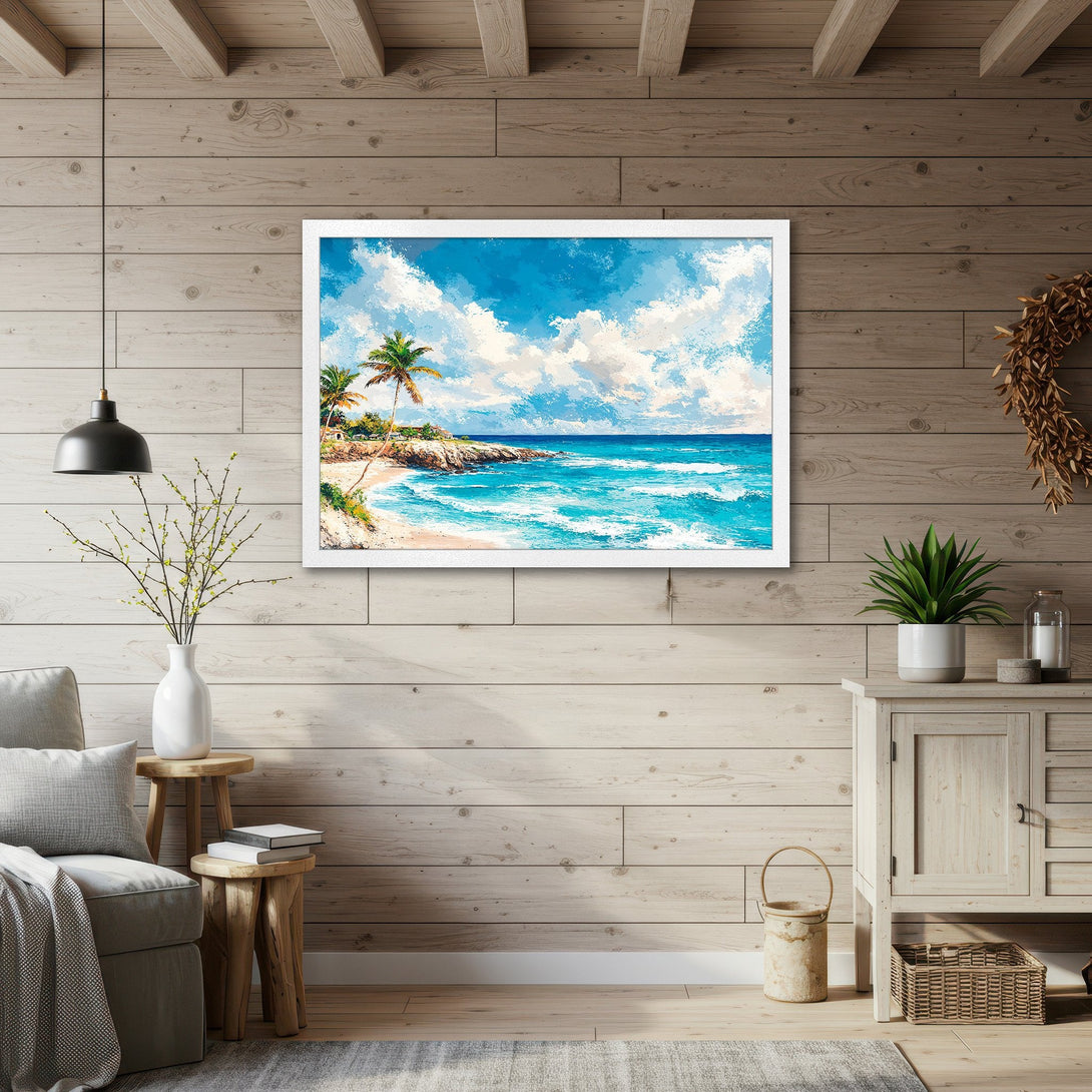 Framed Poster of a tropical beach scene in a vibrant blue and green color palette. Perfect coastal wall art for your home!