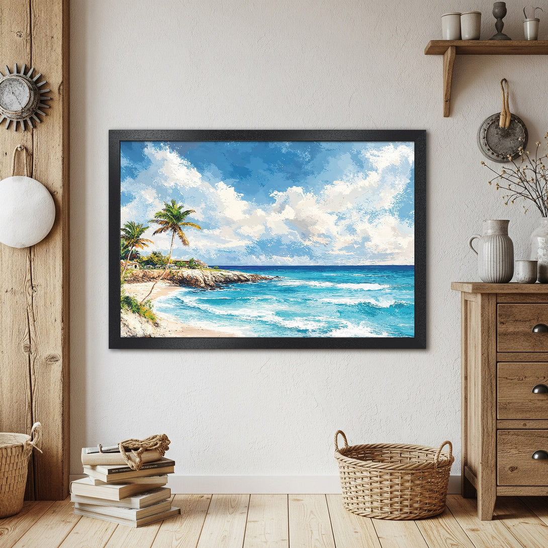 Framed Poster of a vibrant beach scene. Impressionistic style with blue, white, and green hues. Perfect wall art for a relaxing vibe.