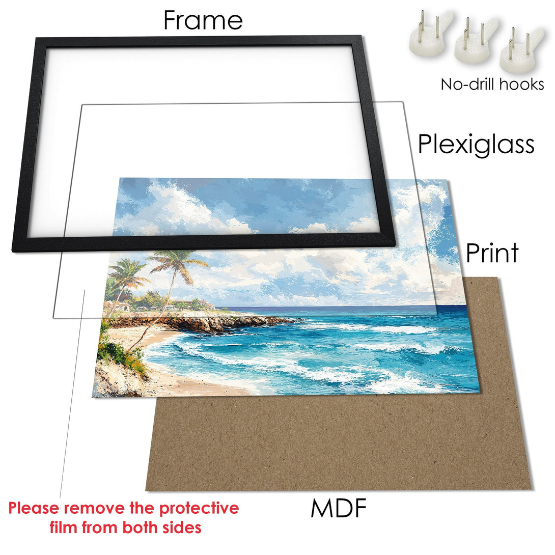 Framed Poster of a tropical beach scene in blue and white, perfect for coastal decor.
