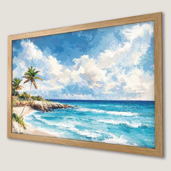 Framed Poster of a tropical beach scene with blue and white hues, impressionistic style. Perfect wall art!