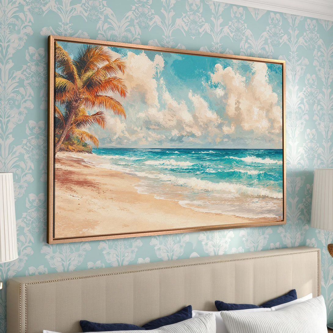 Framed Wall Art: Tropical beach scene Canvas Print. Coastal art with palm tree, teal ocean & beige sand. Perfect for bedroom decor.