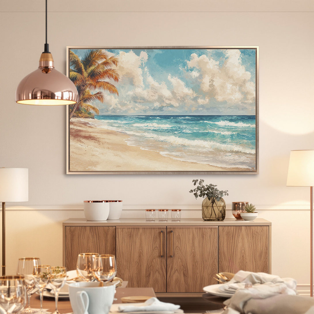 Framed Wall Art: Coastal beach scene canvas print in blue, beige, and orange tones. Perfect for adding a touch of serenity to your home decor.