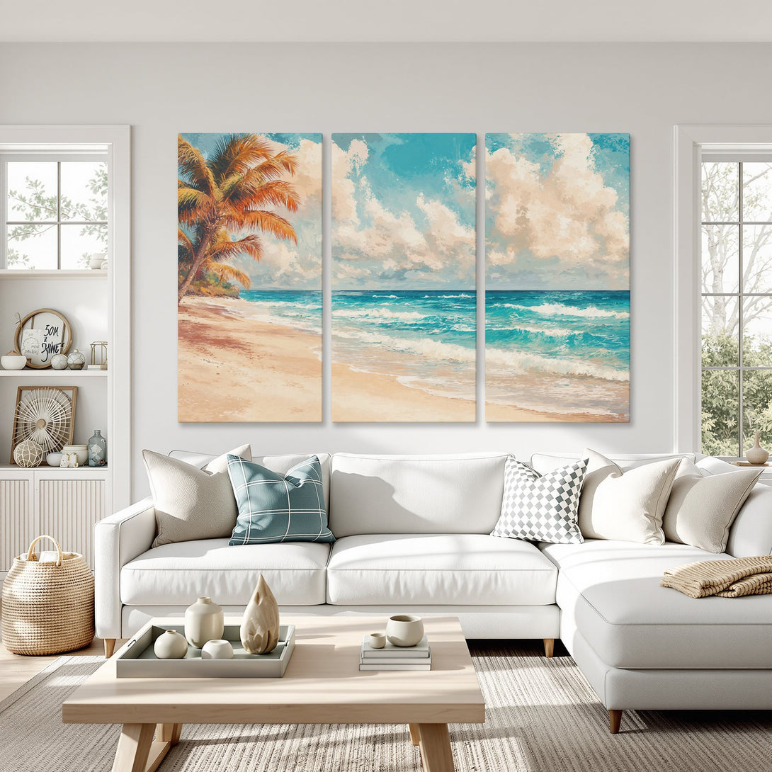 Canvas Print of a beach scene in a coastal style, featuring palm trees, turquoise water, and a warm, neutral color palette.