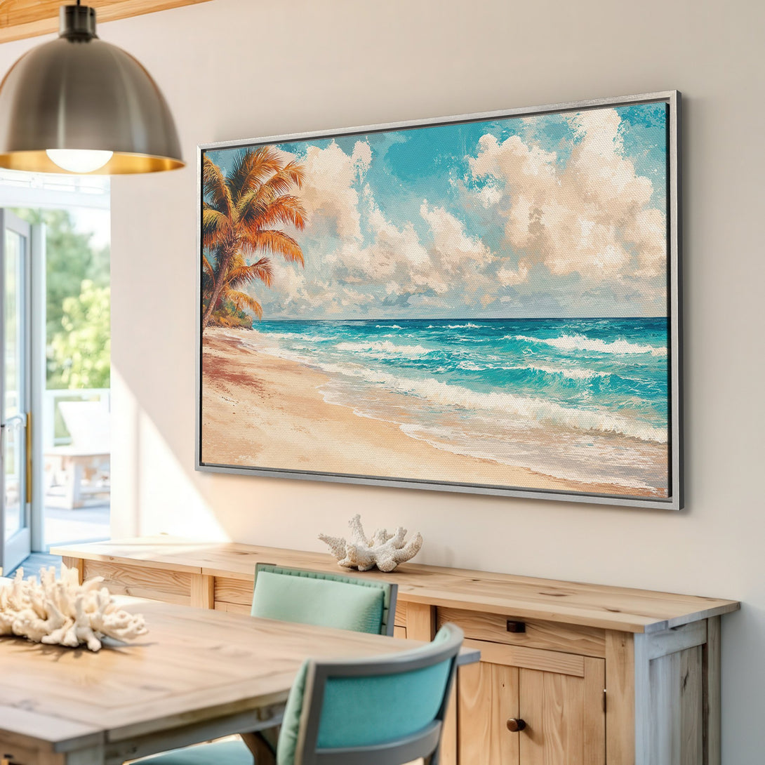 Framed Wall Art: Tropical beach scene canvas print with turquoise, blue, and beige tones. Coastal artwork for a relaxing home decor style.