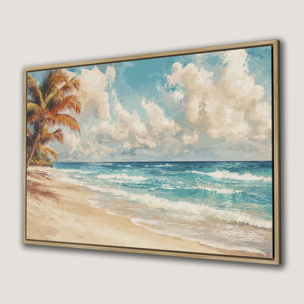 Canvas Print of a tropical beach scene with palm trees, turquoise water, and blue skies. Coastal art in warm, inviting colors.