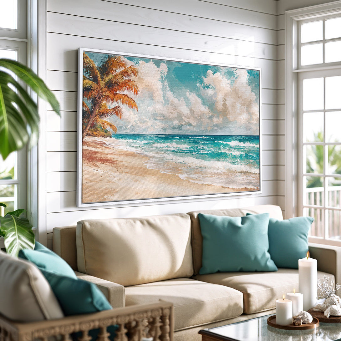 Framed Wall Art: Coastal beach scene Canvas Print with palm tree, turquoise ocean, and sand. Perfect for adding a touch of serenity to your home.